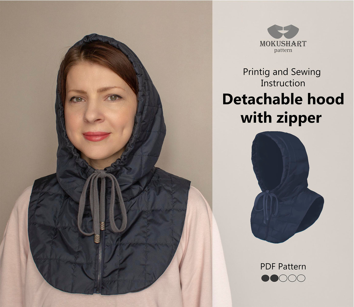 Detachable hood with zipper PDF Pattern