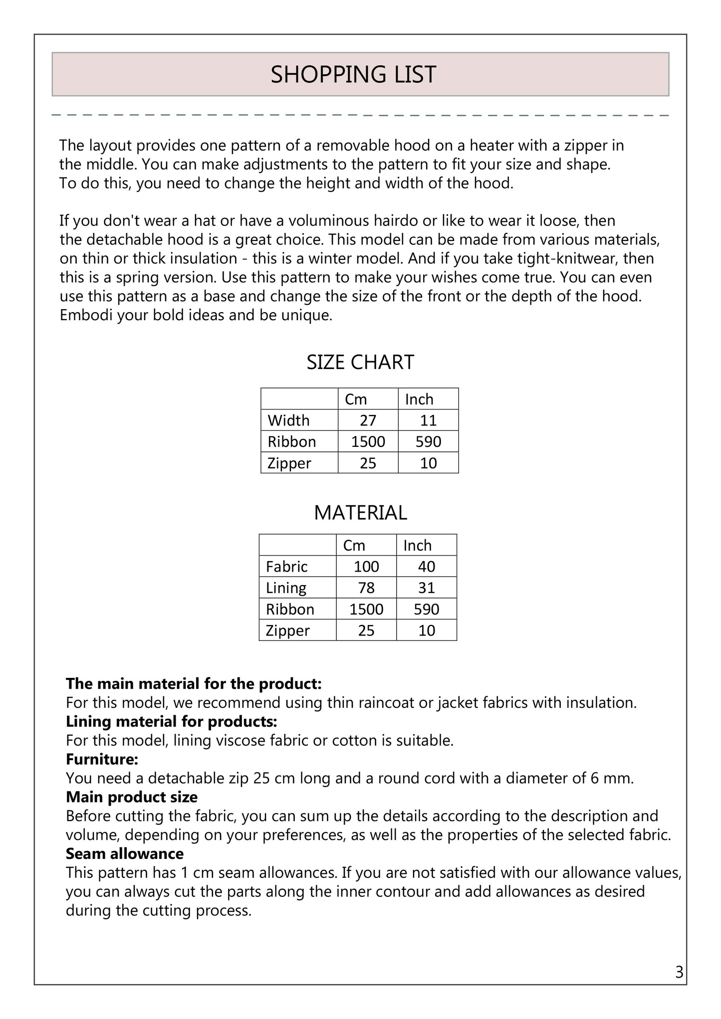 Detachable hood with zipper PDF Pattern