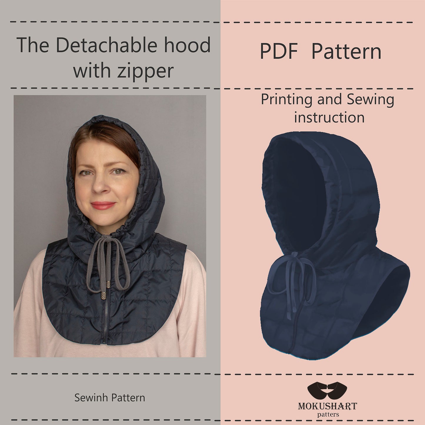 Detachable hood with zipper PDF Pattern